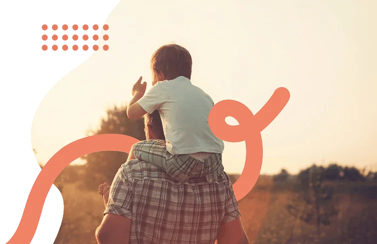 Child riding on a parent's shoulders outdoors at sunset, framed by Clearpath's coral graphic elements.