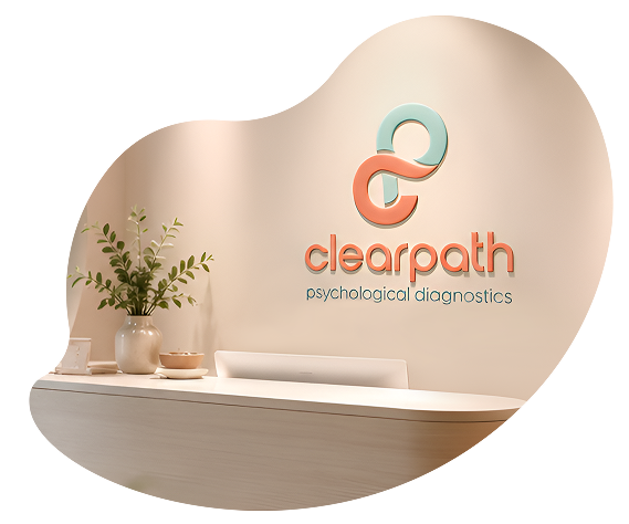 Clearpath Psychological Diagnostics logo displayed on the wall above a clinic reception desk.