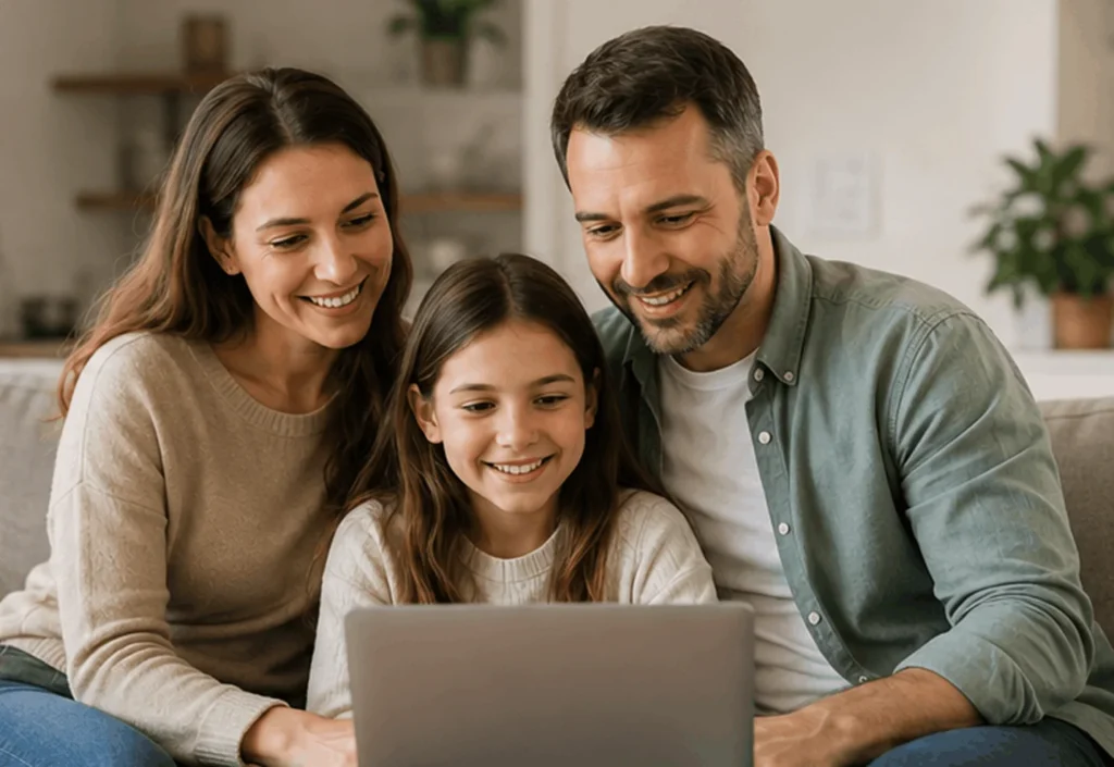 "Two parents and their daughter smiling together while looking at a laptop on the couch."