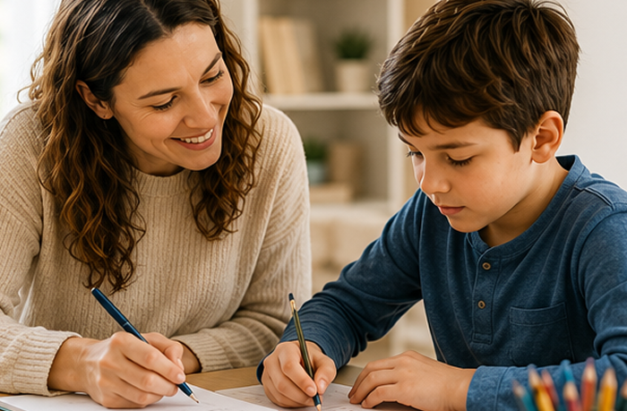 Woman smiling and writing alongside a young boy who is focused on his own writing at a table.