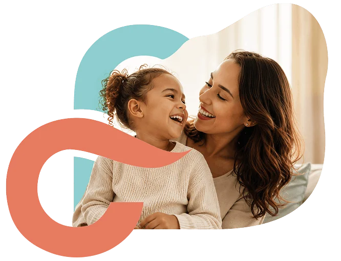 Smiling mother and young daughter sharing a joyful moment together, framed by Clearpath's teal and coral brand shapes.