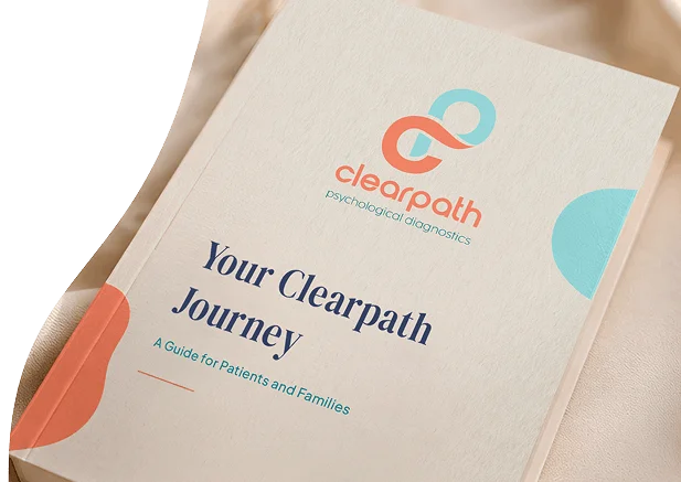 Book cover titled 'Your Clearpath Journey: A Guide for Patients and Families,' with the Clearpath psychological diagnostics logo.