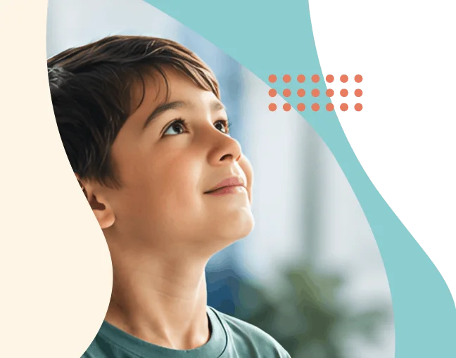 Young boy looking upward with a hopeful expression, set against Clearpath's teal brand background.